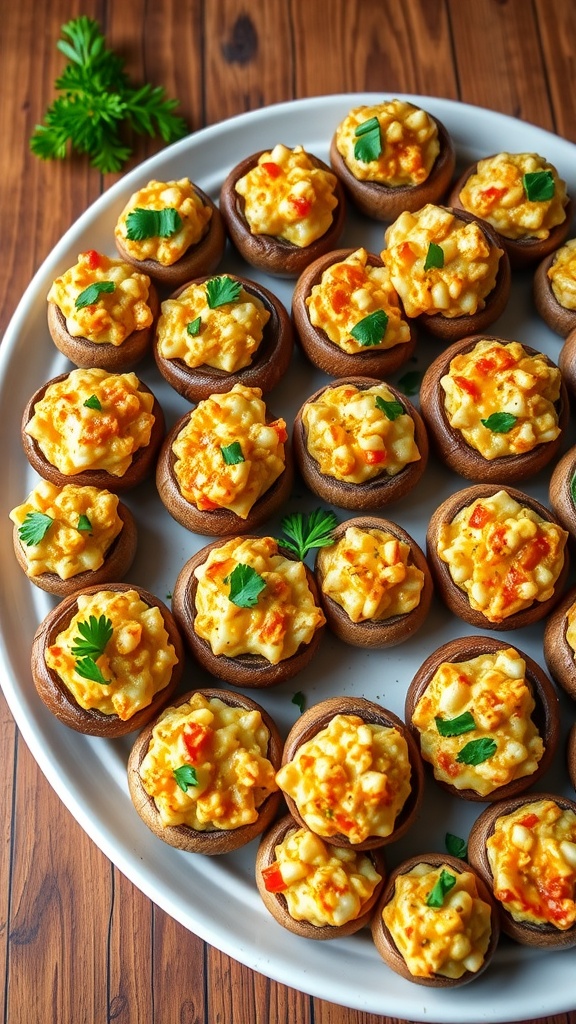 A platter of baked stuffed mushrooms with a creamy filling, garnished with parsley, on a rustic wooden table.